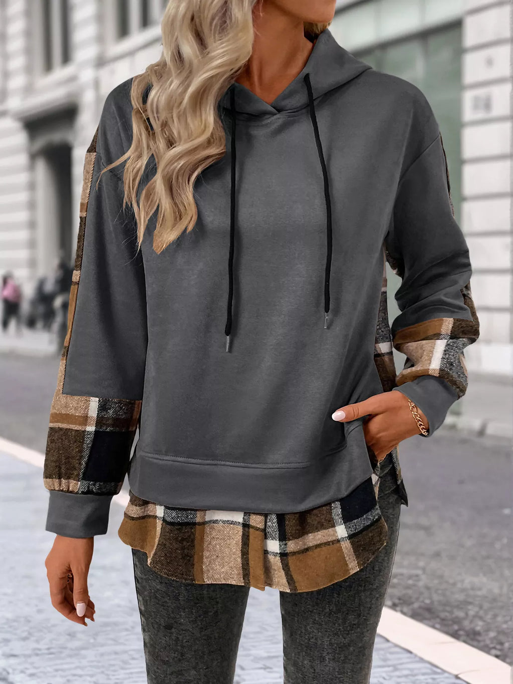 Plaid Drawstring Long Sleeve Hoodie (3)