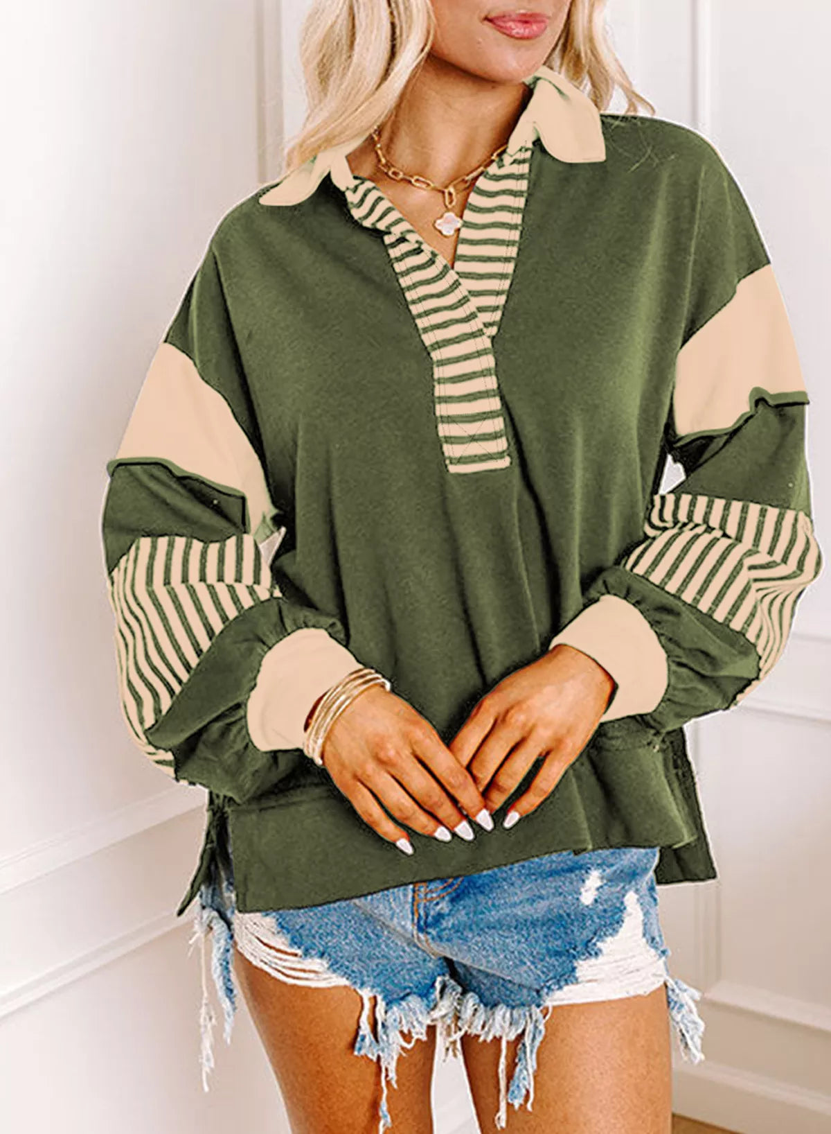 Block Striped Johnny Collar Sweatshirt (29)