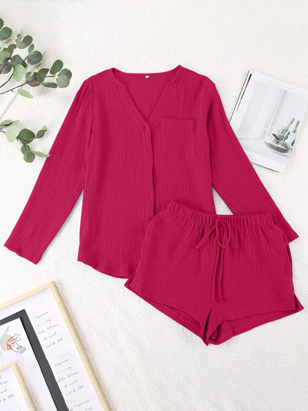 Notched Long Sleeve Top Shorts Set (20)