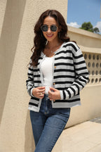 Striped Round Neck Button-down Dropped Shoulder Cardigan (8)