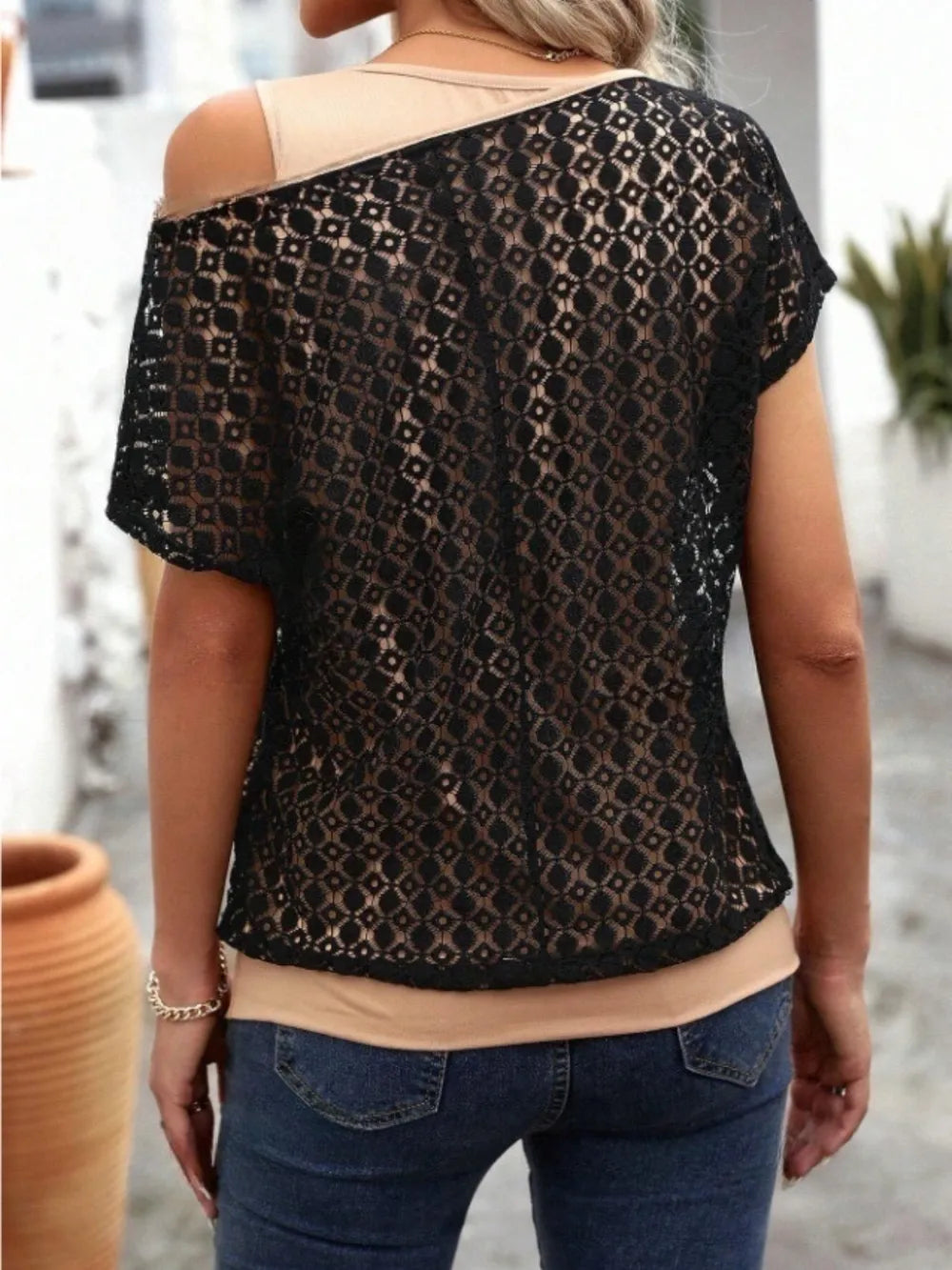 Lace Short Sleeve Fake Two Piece T-shirt (2)