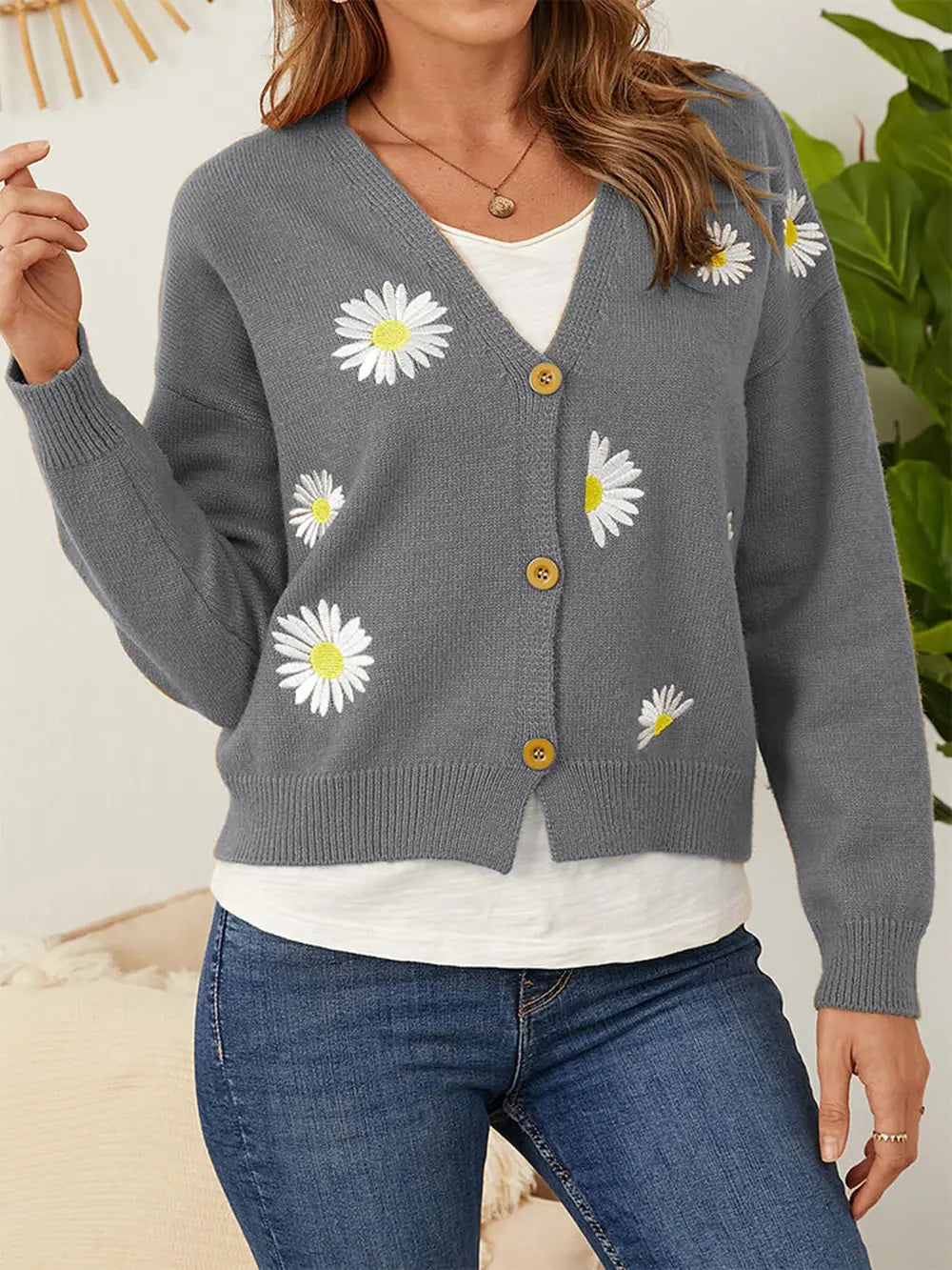 Flower Button Front Dropped Shoulder Cardigan (10)