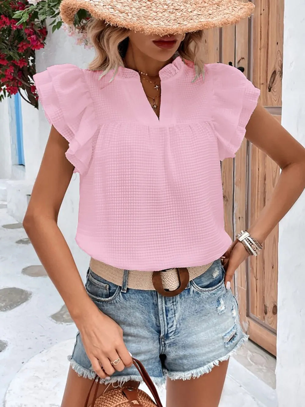 Ruffled Notched Cap Sleeve Blouse (7)