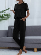 Round Neck Short Sleeve Top Pants Set (4)
