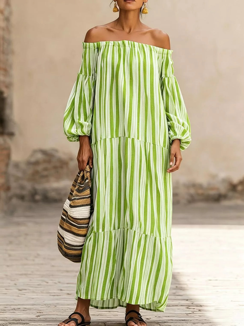 Off-shoulder Striped Maxi Dress