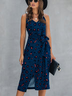 Printed Tie-waist Spaghetti Strap Dress (4)