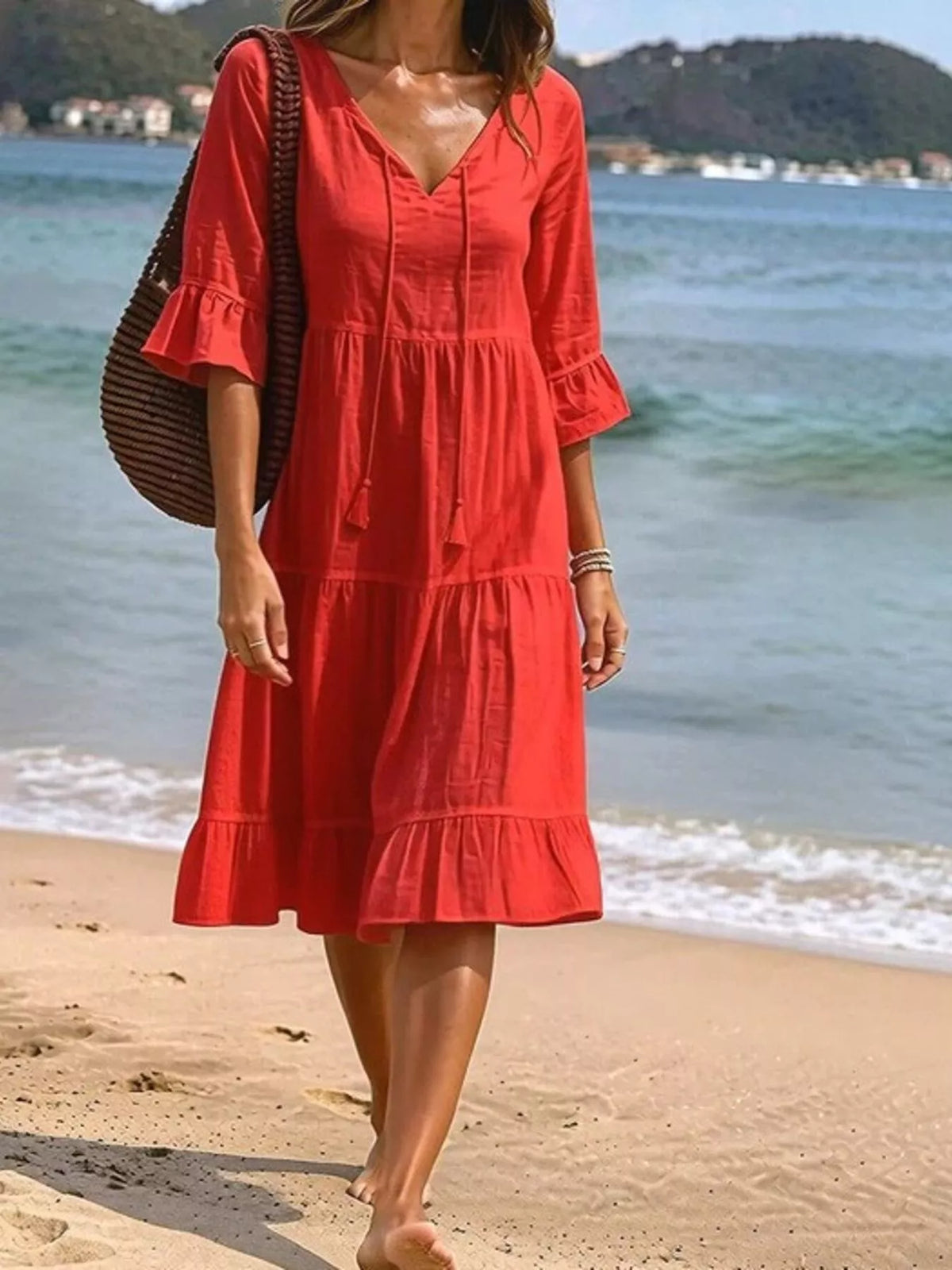 Full Size Tiered Tie Neck Flounce Sleeve Dress Plus (4)