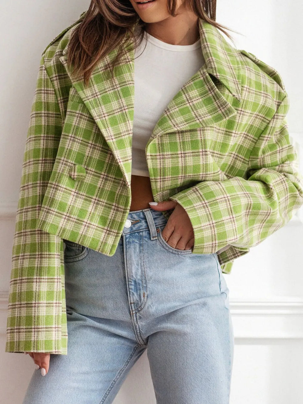 Lapel Collar Plaid Cropped Jacket (5)