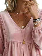 Full Size V-neck Long Sleeve Velvet Blouse Lace Trim Plus (8)