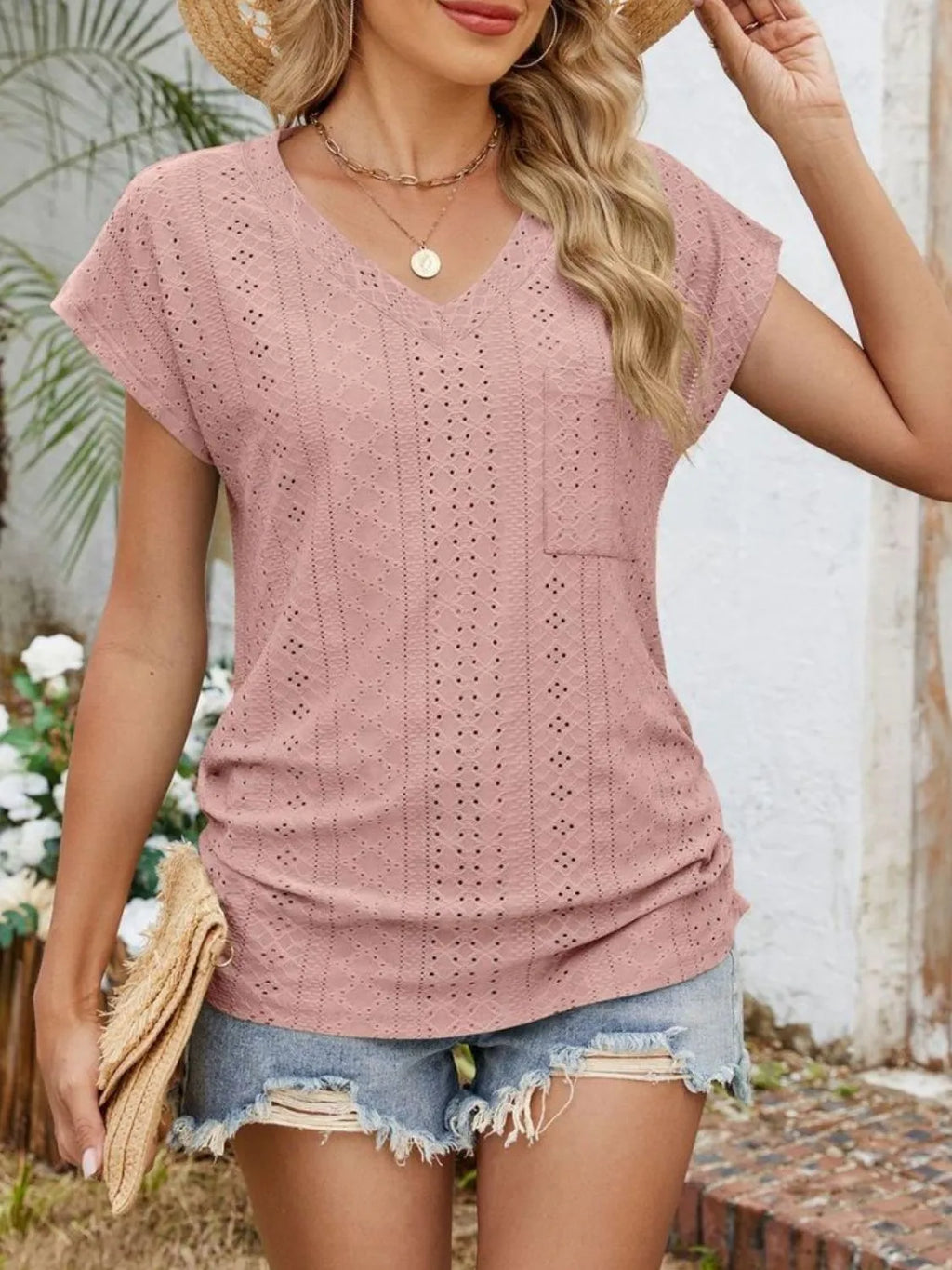 Eyelet V-neck Short Sleeve Top (24)