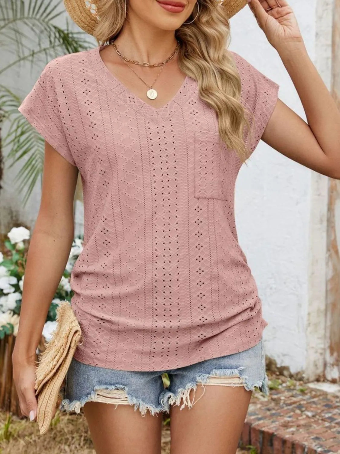 Eyelet V-neck Short Sleeve Top (24)