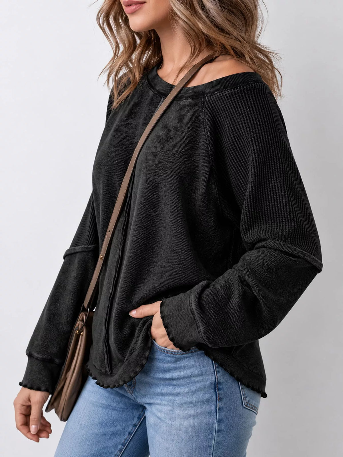 Waffle Knit Raglan Sleeve Sweatshirt (9)