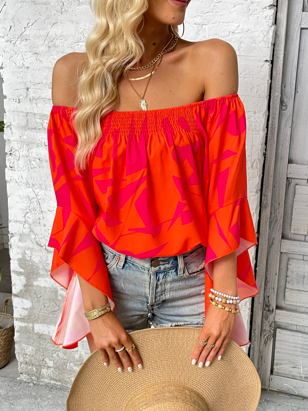 Printed Off-shoulder Bell Sleeve Blouse (8)