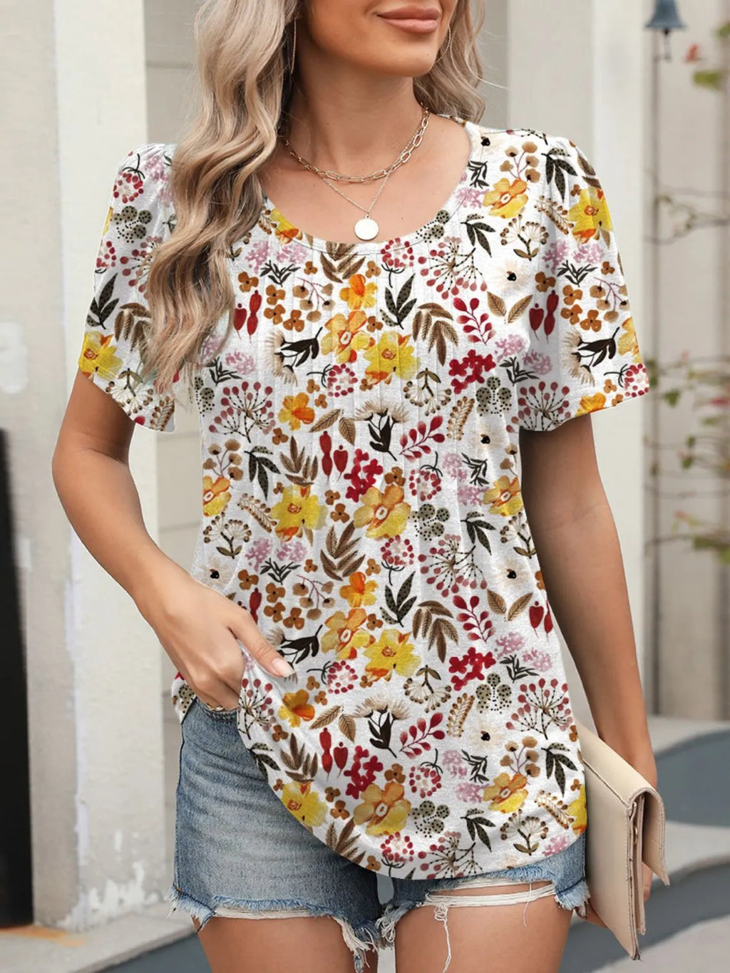 Floral Round Neck Short Sleeve Top (7)