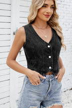 Button Down V-neck Denim Vest (3)