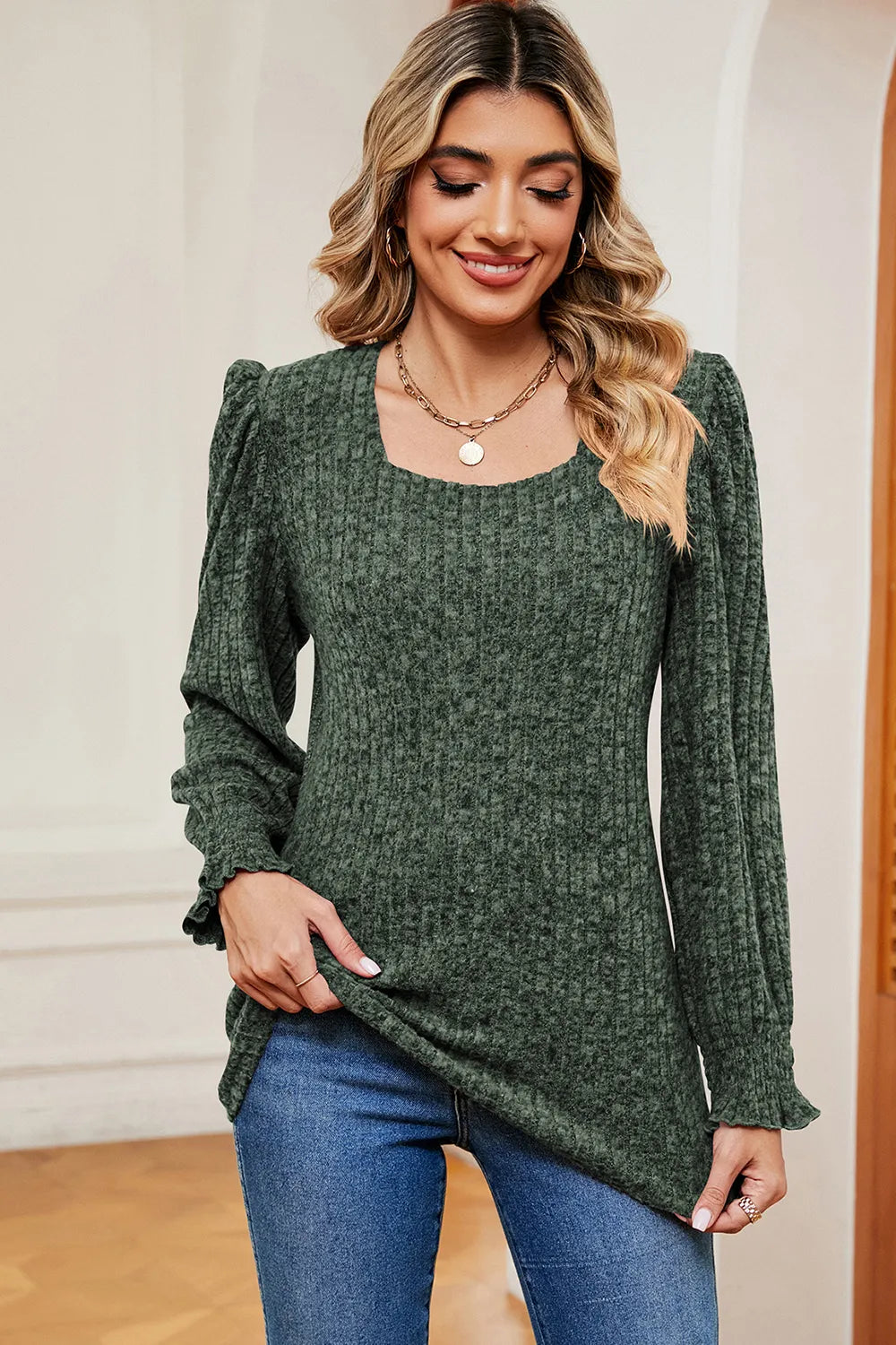 Square Neck Flounce Sleeve T-shirt (4)