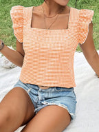 Gingham Ruffle Sleeve Square Neck Blouse (14)