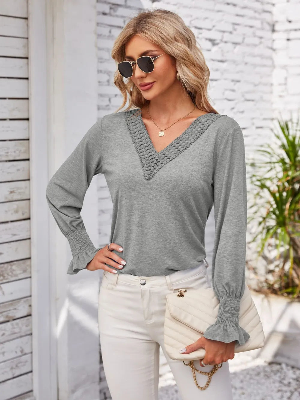 Smocked V-neck Long Sleeve Blouse (14)