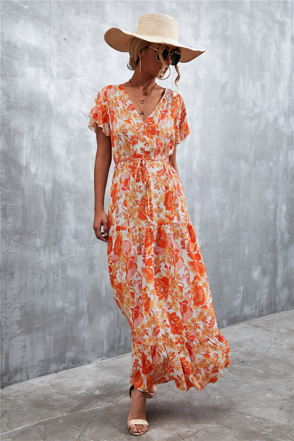 Floral Buttoned Drawstring Waist Tiered Dress (10)