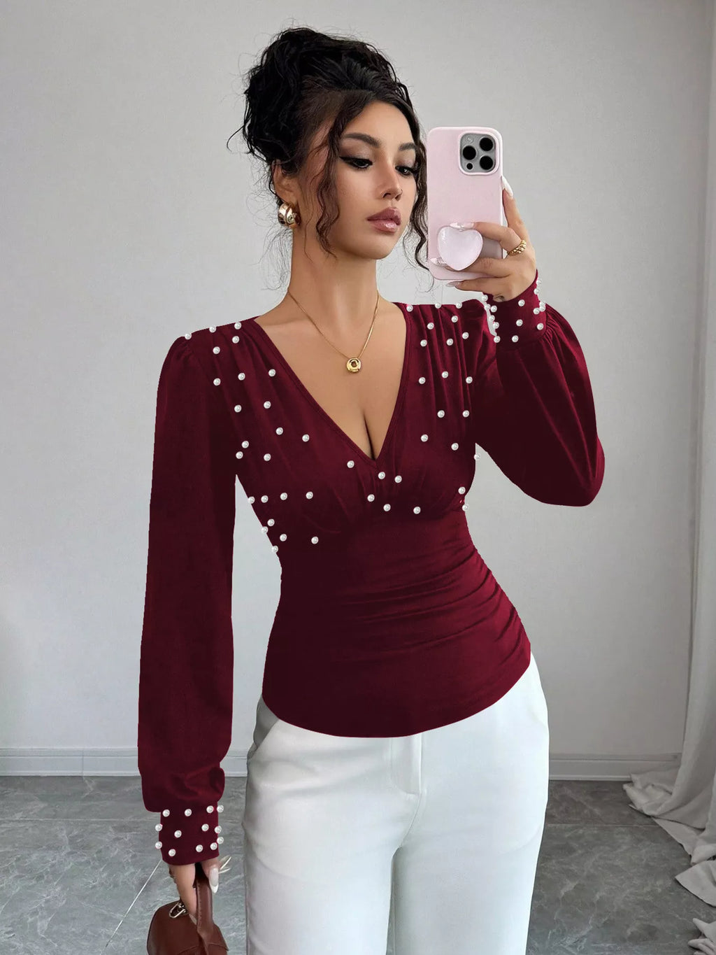 Pearl Embellished V-neck Blouse (3)