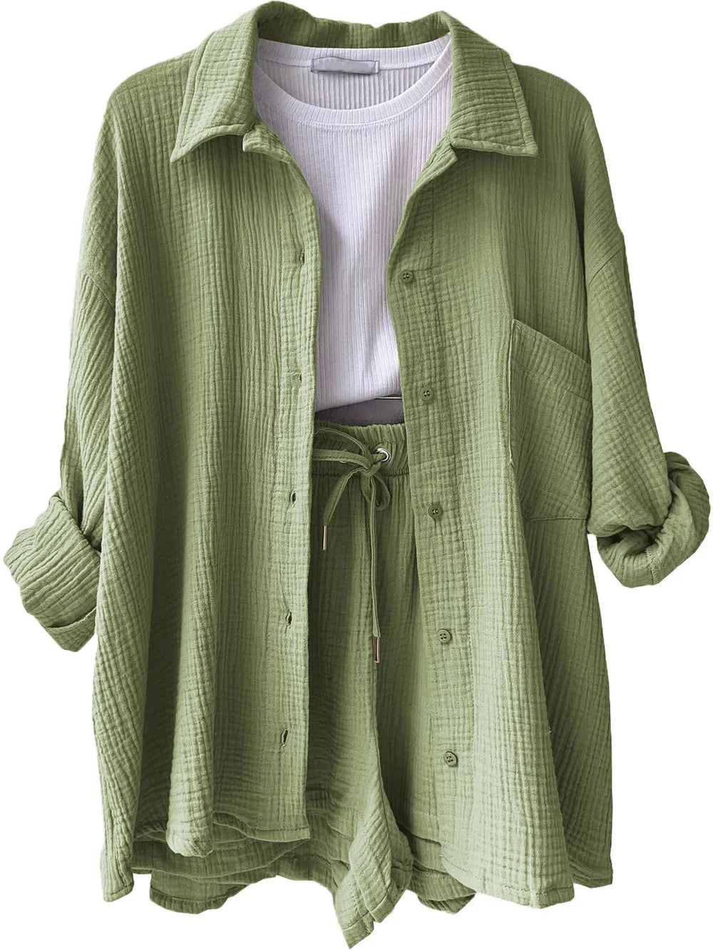 Texture Button Up Shirt Drawstring Shorts Set (26)