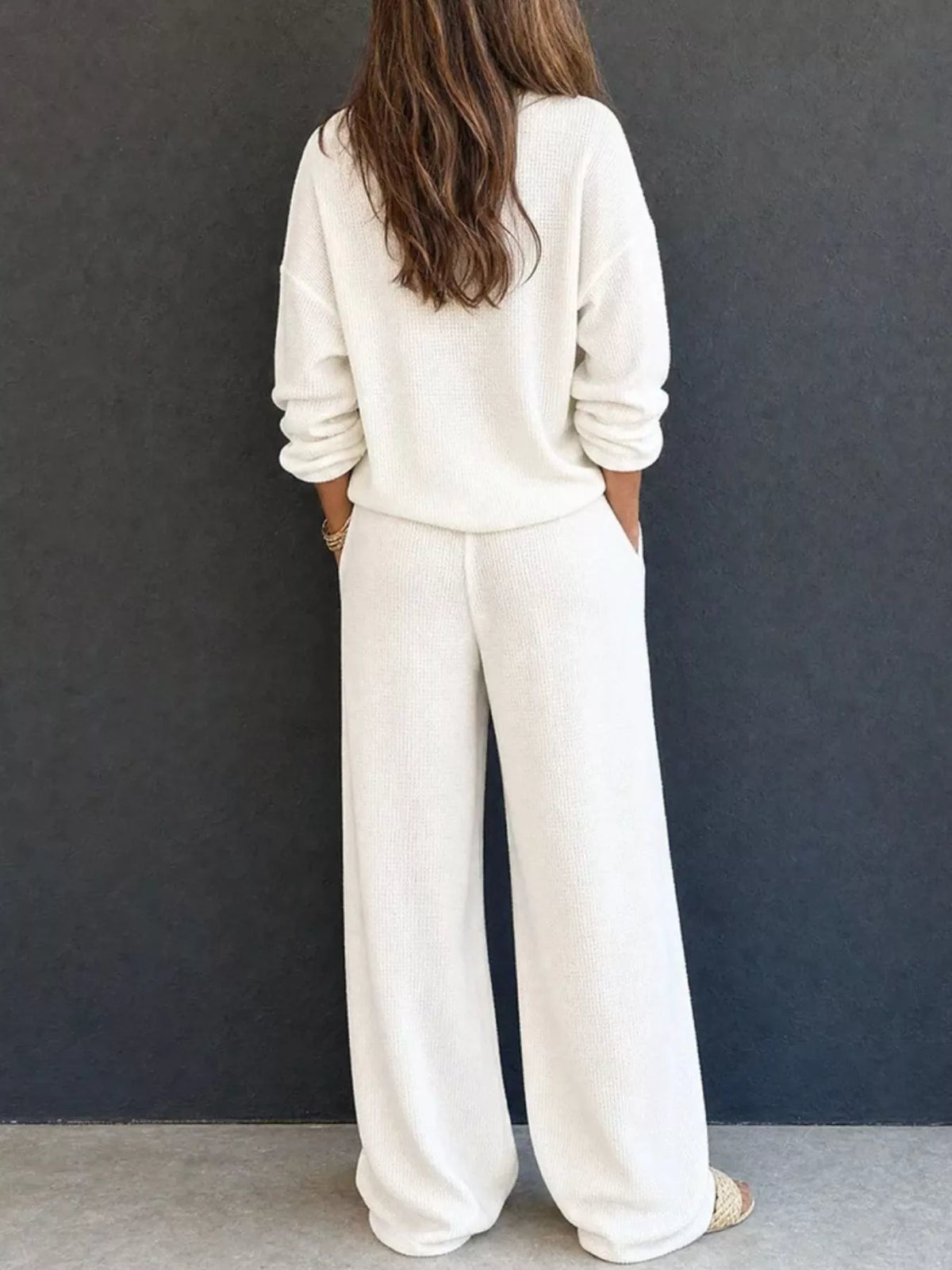 Waffle Knit Henley Top Wide Leg Pants Set (3)