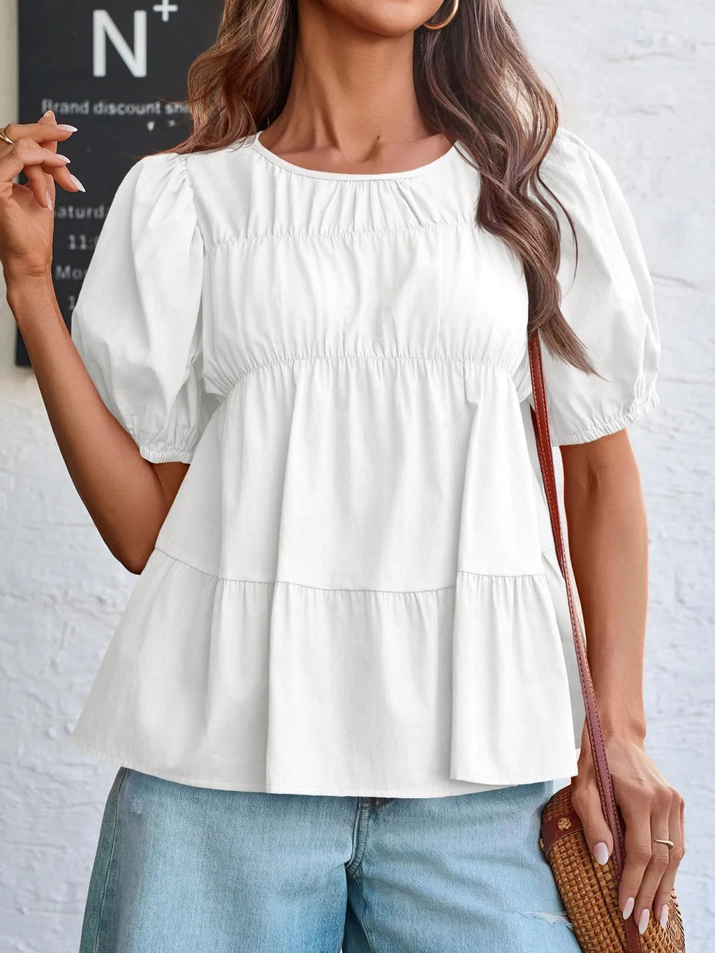 Round Neck Puff Sleeve Tiered Blouse (14)