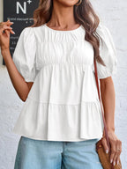 Round Neck Puff Sleeve Tiered Blouse (14)
