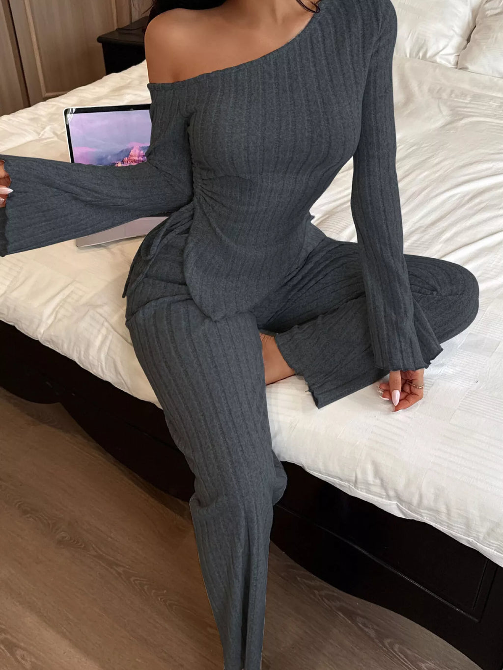 One-shoulder Ribbed Knit Top Pants Set (10)