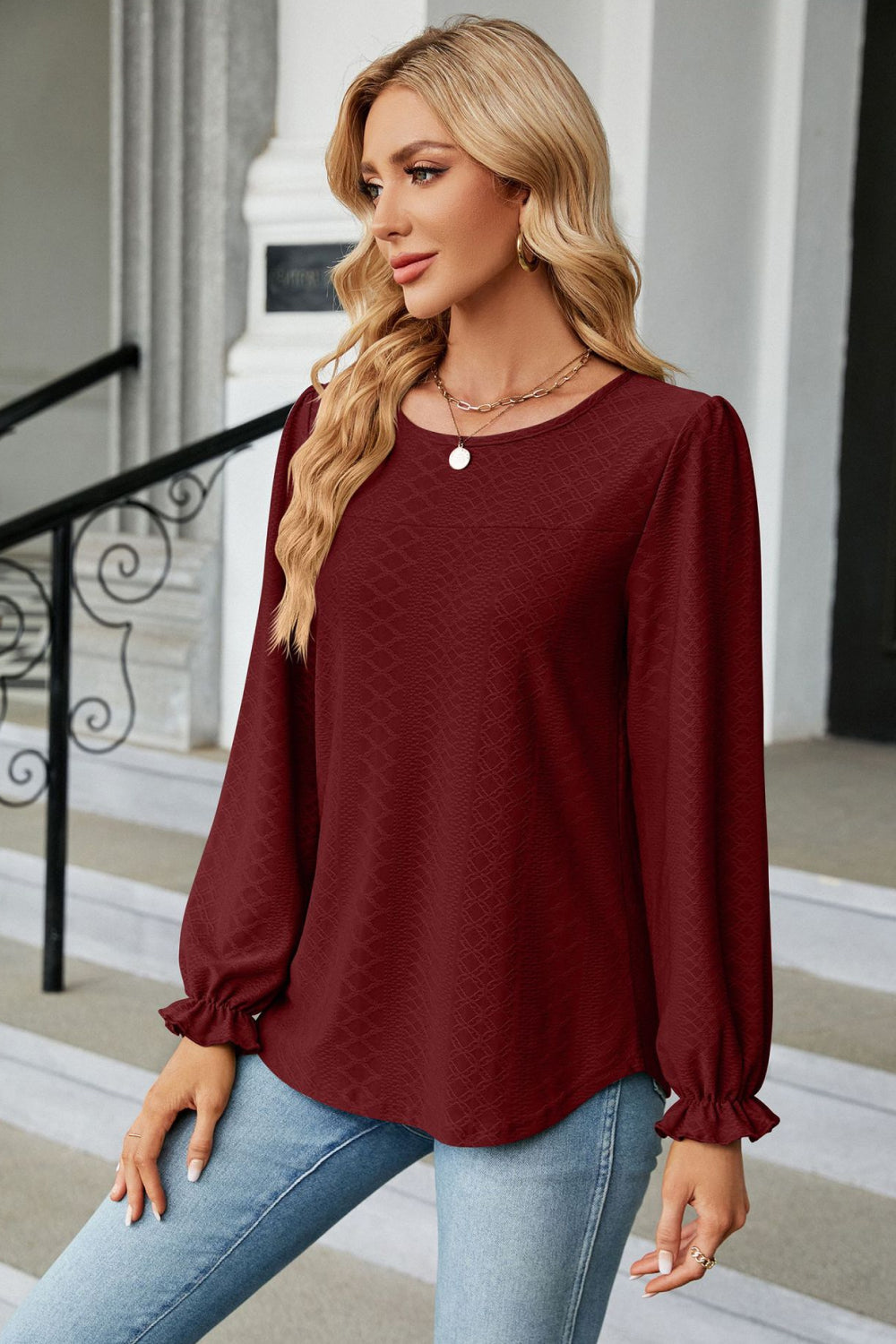 Round Neck Flounce Sleeve Blouse (23)