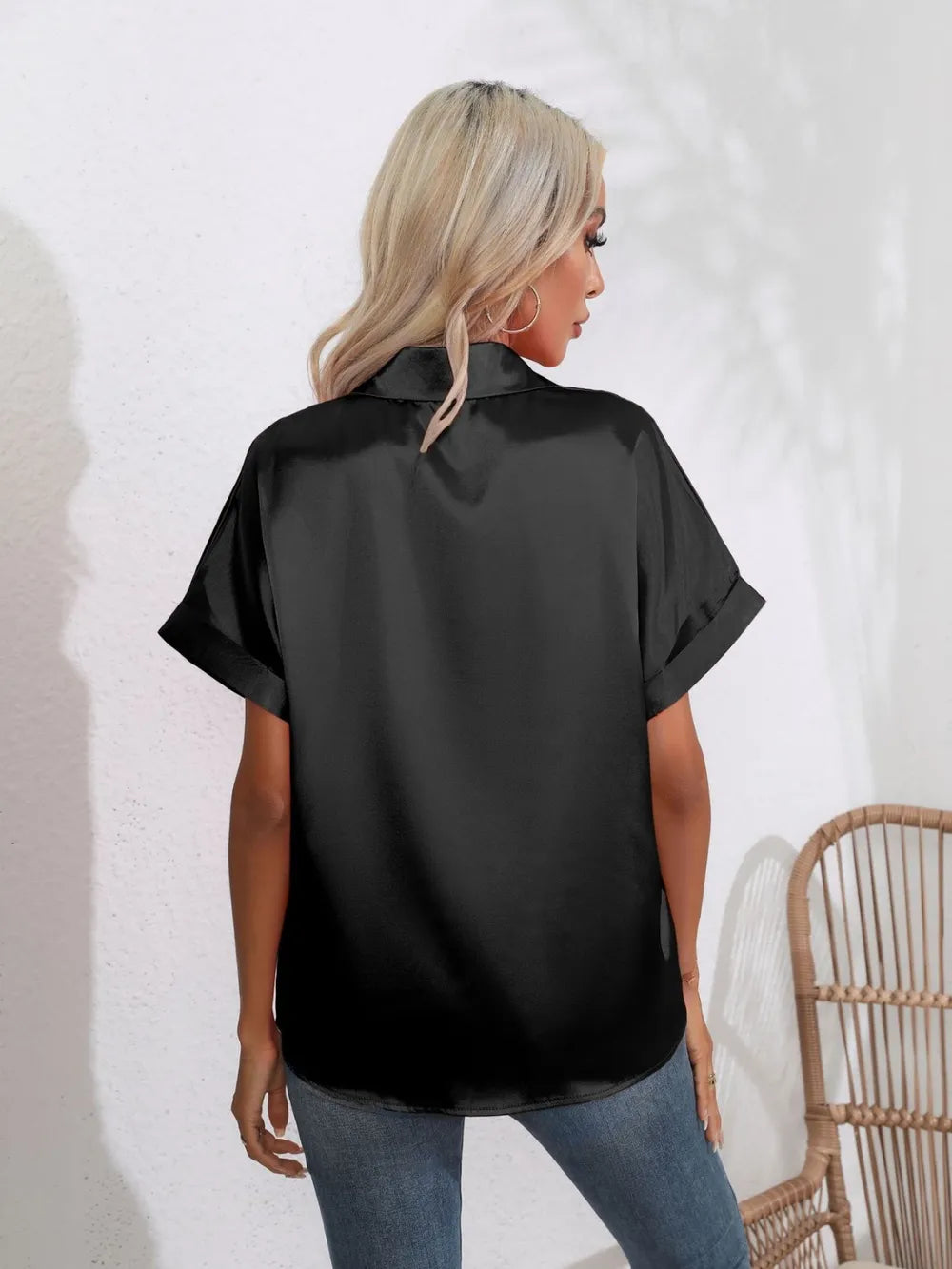 Button Down Collared Neck Short Sleeve Satin Shirt (20)