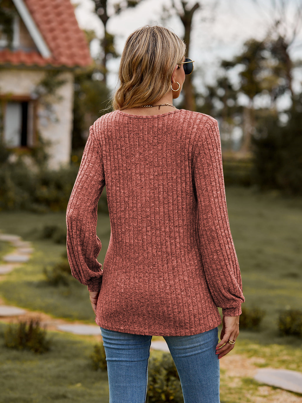 Round Neck Button-down Long Sleeve Tee (2)
