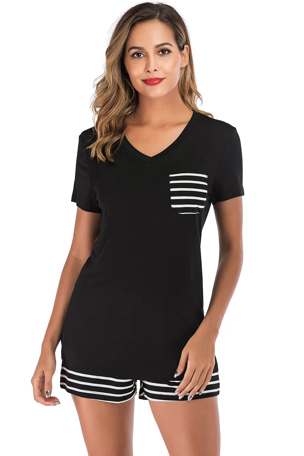 Striped Short Sleeve Top Shorts Lounge Set (7)