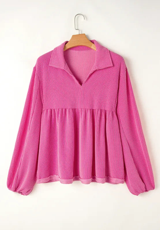 Corded Johnny Collar Long Sleeve Babydoll Blouse (14)