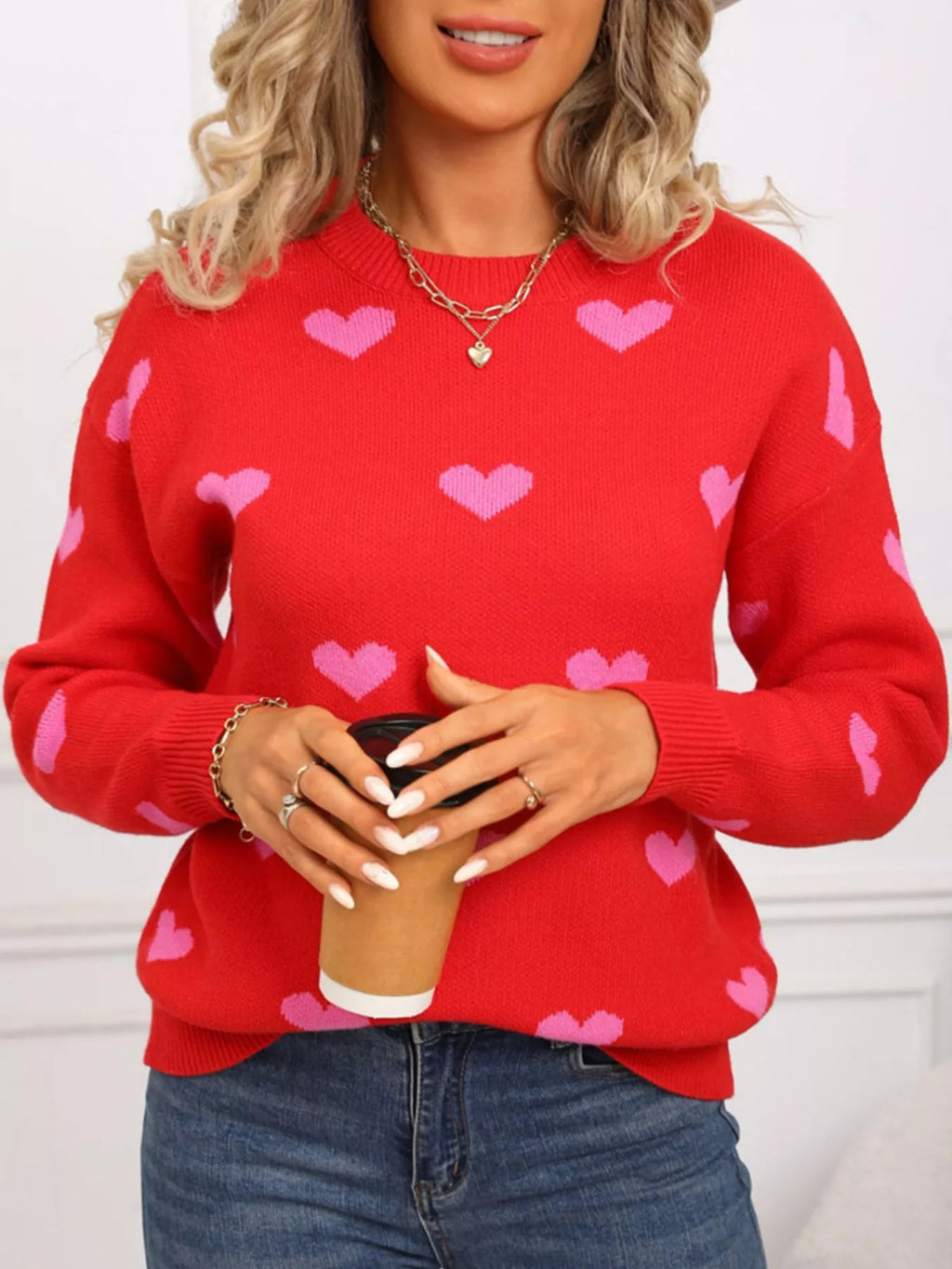 Valentine's Day Heart Pattern Dropped Shoulder Sweater (13)