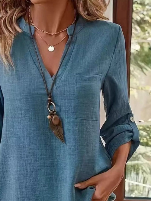 Casual V-neck Roll-sleeve T-shirt Pocket (2)