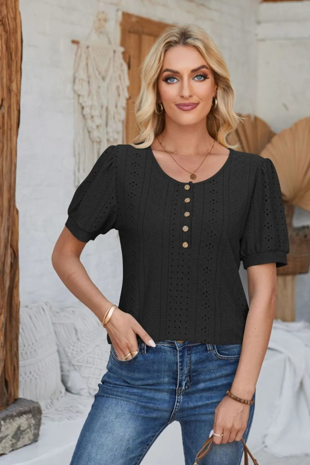 Eyelet Round Neck Short Sleeve Blouse (3)