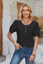 Eyelet Round Neck Short Sleeve Blouse (3)