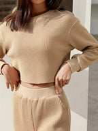 Waffle-knit Round Neck Top Pants Set (11)