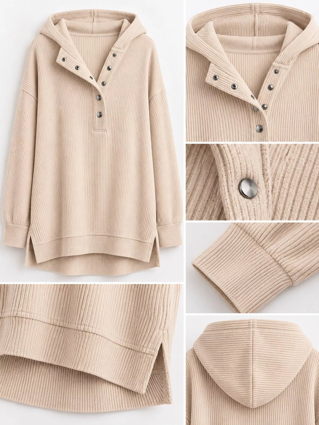 Full Size Snap Button Placket Dropped Shoulder Hoodie Plus (32)