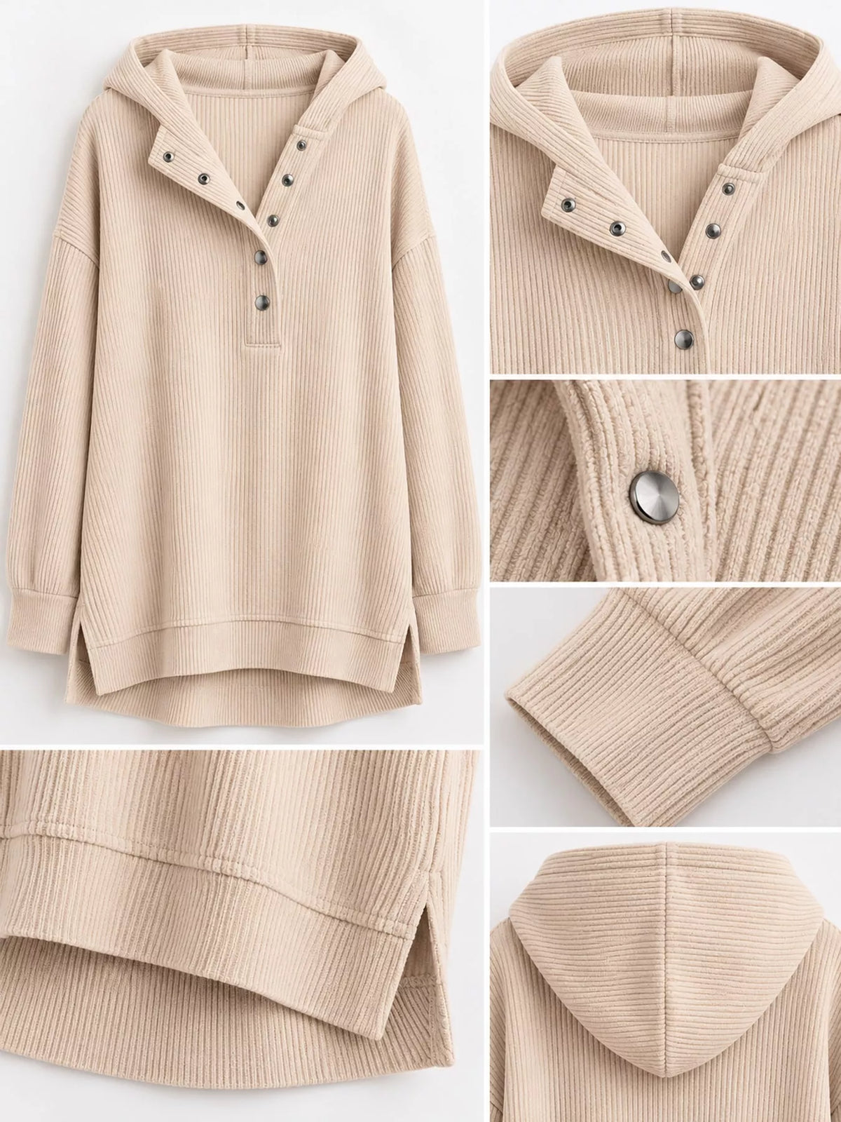 Full Size Snap Button Placket Dropped Shoulder Hoodie Plus (32)