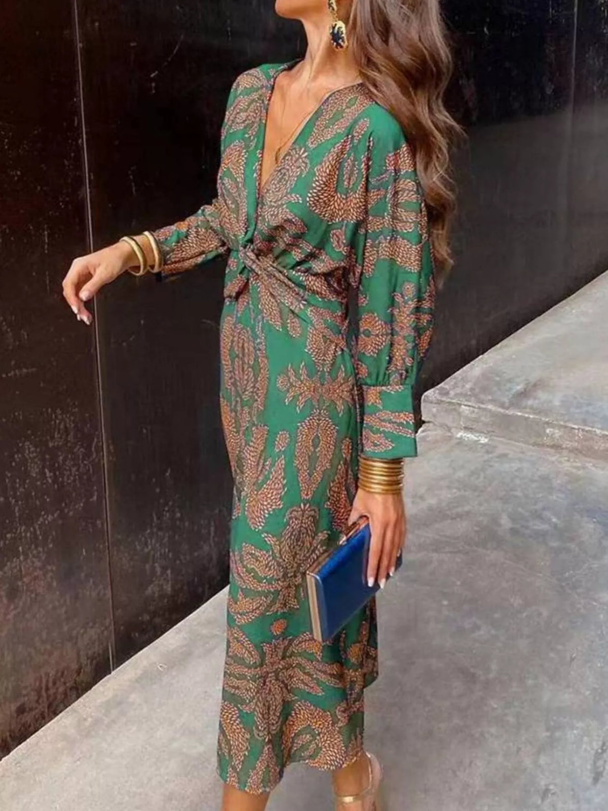 Full Size Printed V-neck Long Sleeve Twisted Midi Dress Plus (3)