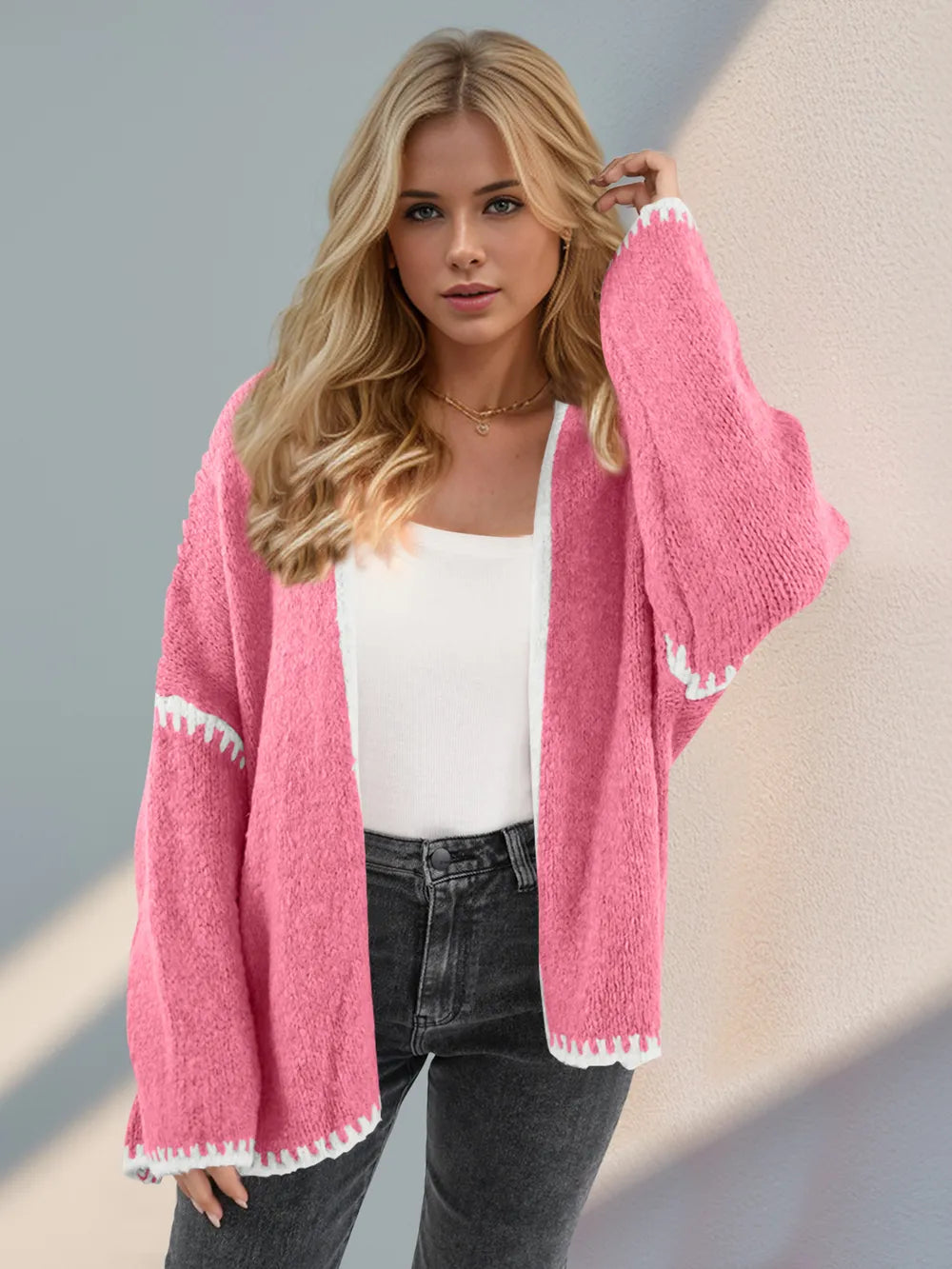 Contrast Open Front Dropped Shoulder Cardigan (23)