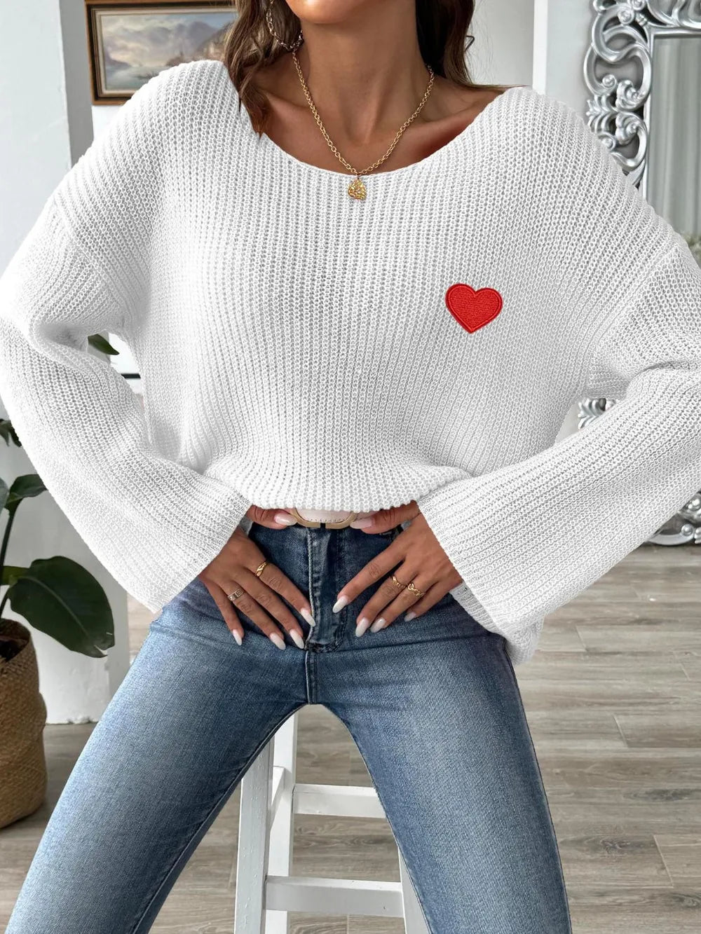 Heart Boat Neck Dropped Shoulder Sweater (8)