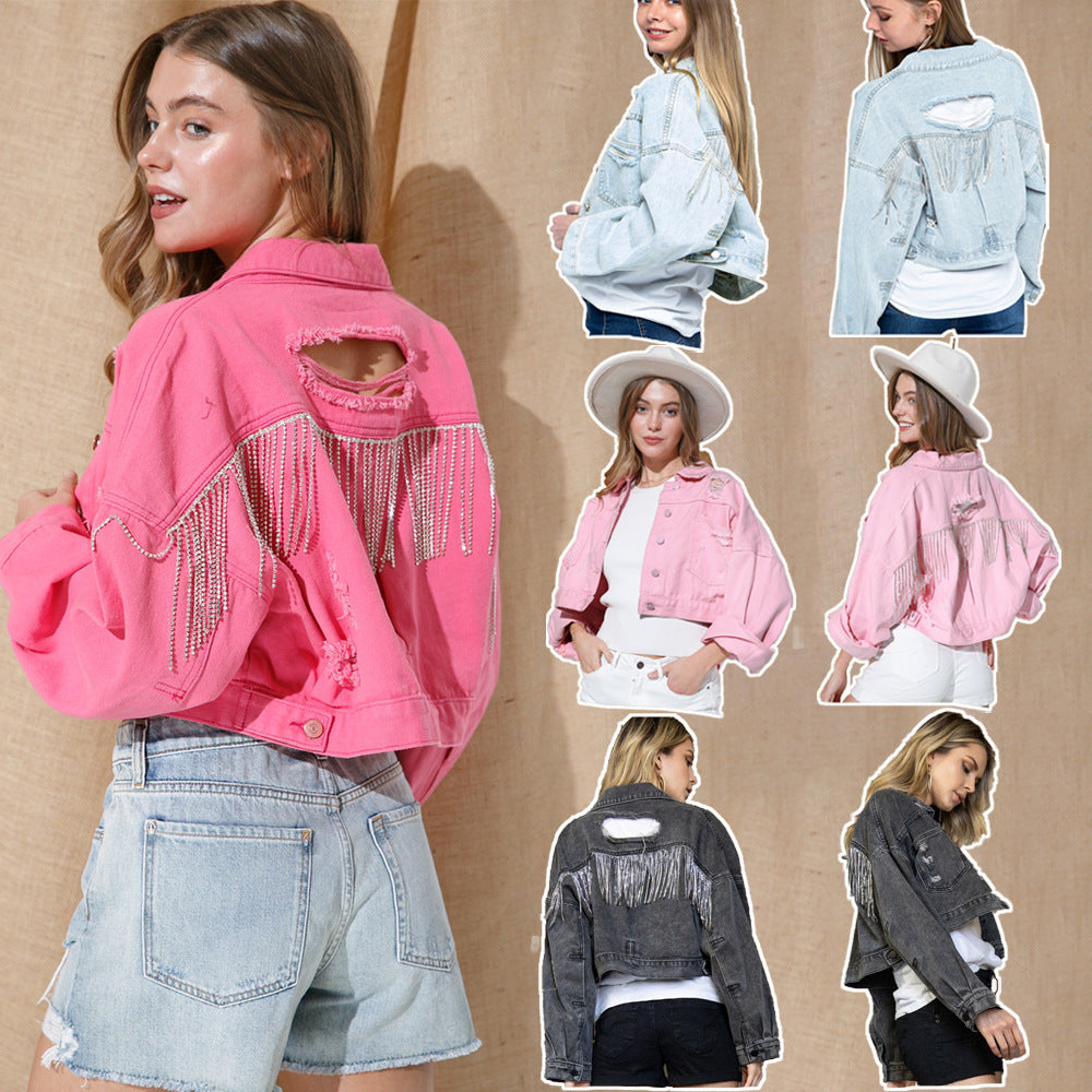 Ripped Rhinestone Denim Jacket Tassel Long Sleeve photo 4