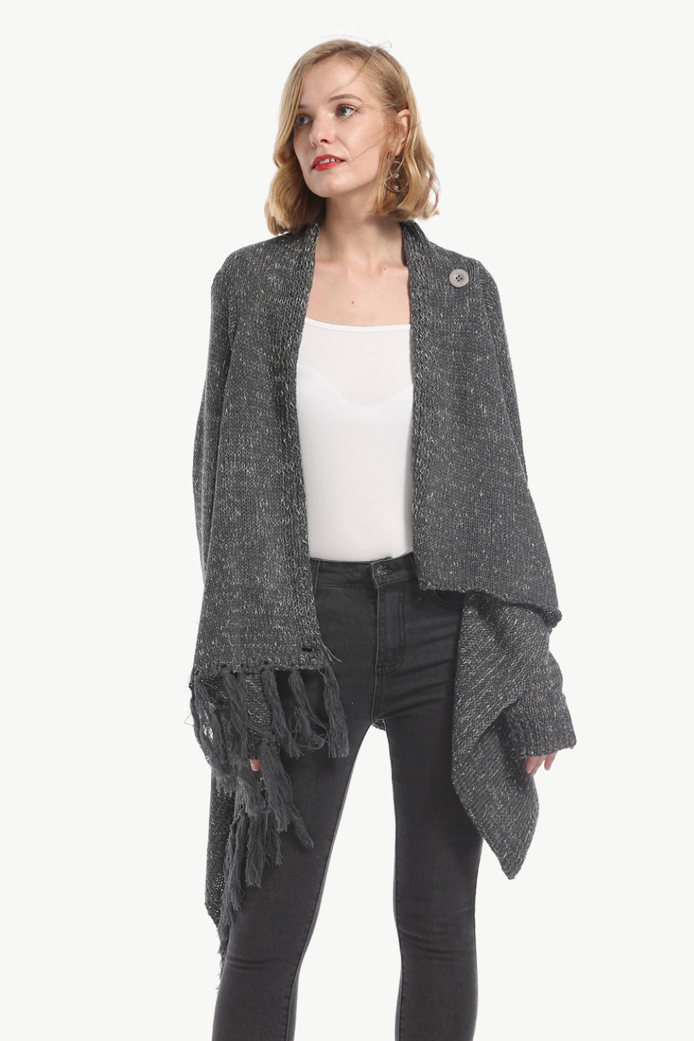 One-button Tassel Tie Asymmetrical Hem Cardigan (18)