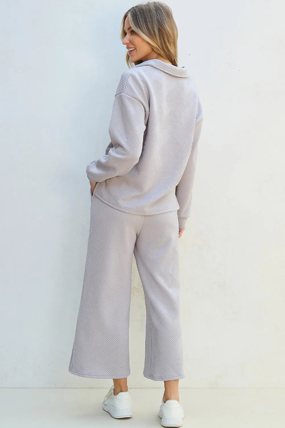 Textured Long Sleeve Top Drawstring Pants Set (2)