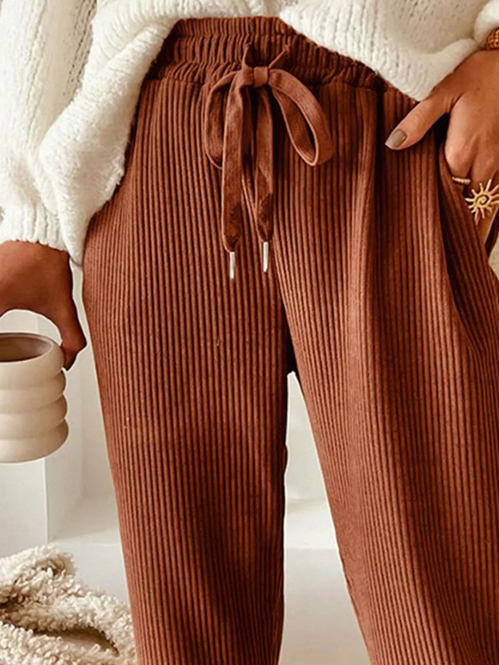 Casual Corduroy Drawstring Waist Pants (2)