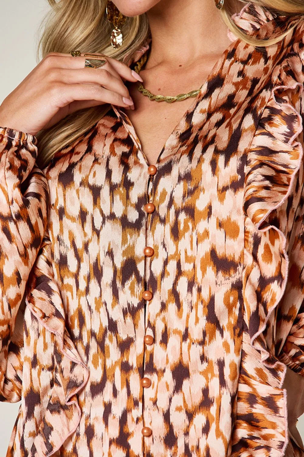 Full Size Printed Ruffle Trim Balloon Sleeve Shirt Plus (6)