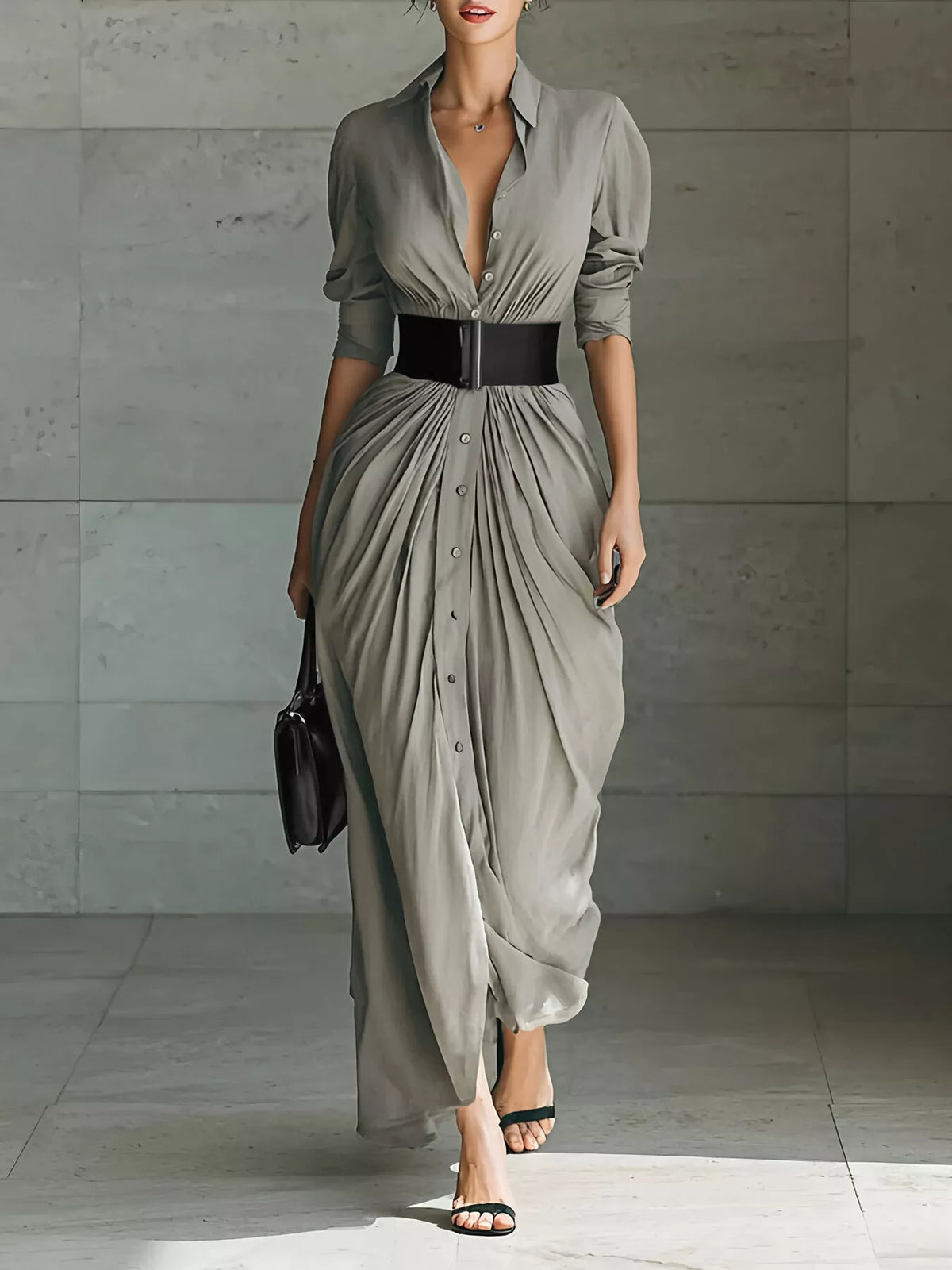Full Size Button Front Ruched Shirt Maxi Dress Plus (3)